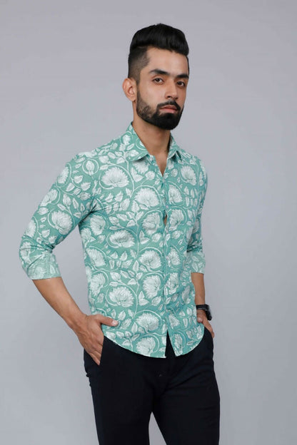 Miravan Men's Cotton Green Floral Printed Slim Fit Shirt