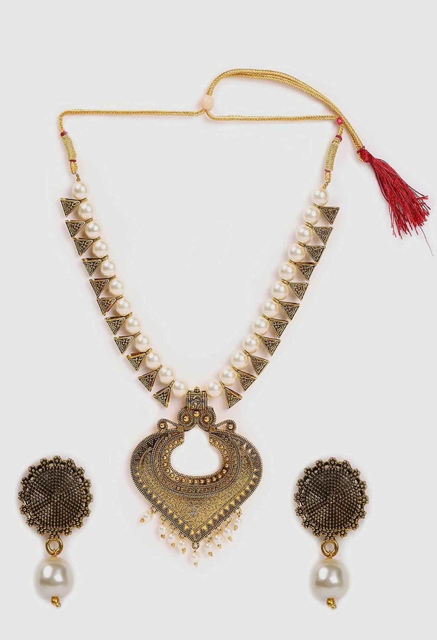 Mominos Fashion Joharkamal Oxidised Gold-Polished Pearls Work Long Necklace Handicraft For Women & Girls