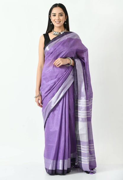 Mominos Fashion Moeza Purple & Black Bhagalpuri Handloom Silk Linen Saree with unstitched Blouse piece