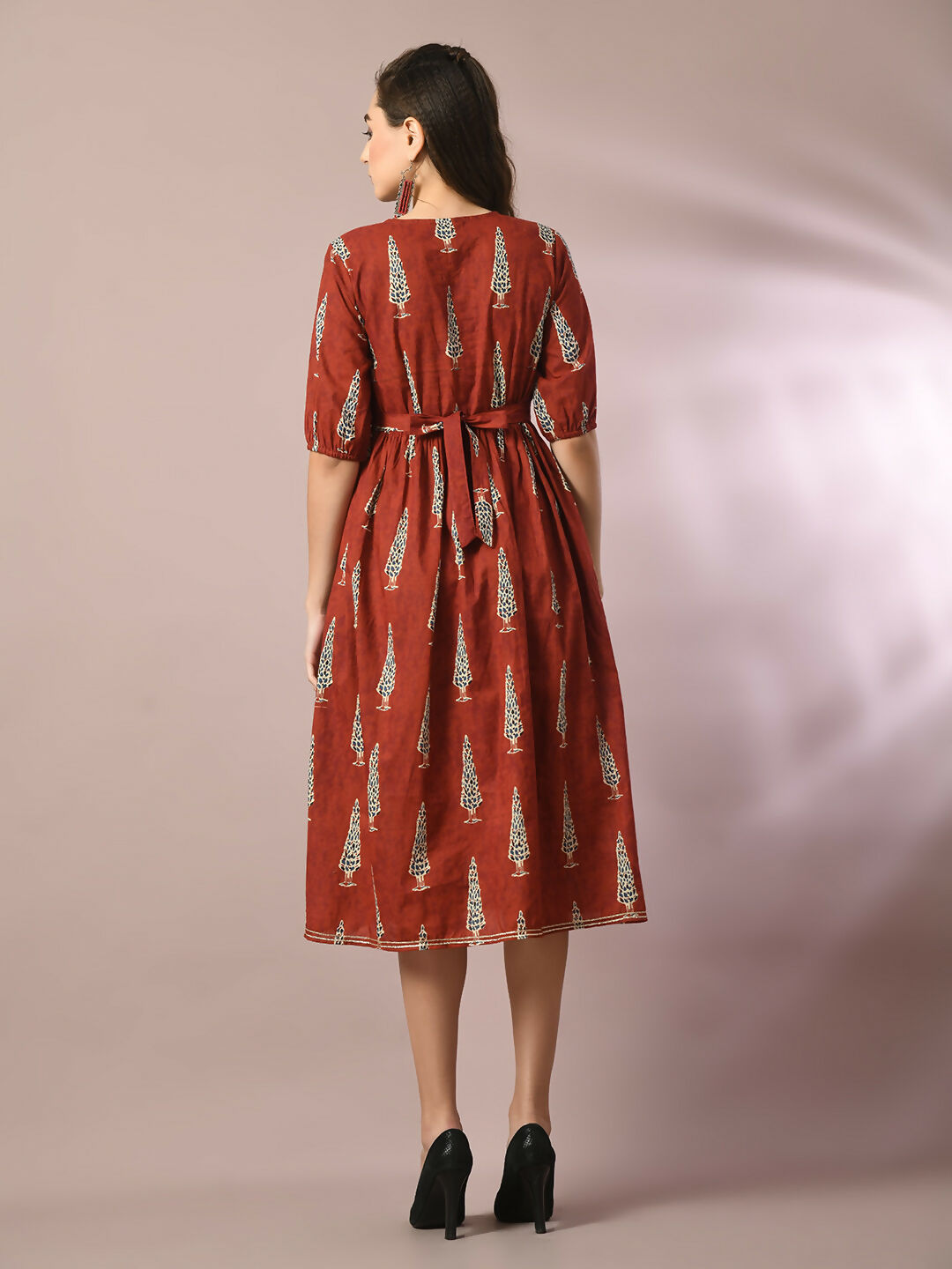 Myshka Women's Rust Printed Cotton V-Neck Empire Party Dress