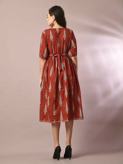 Myshka Women's Rust Printed Cotton V-Neck Empire Party Dress