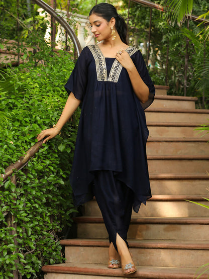 Janasya Navy Blue Silk Blend Yoke Embroidery Co-Ords
