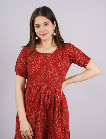 Vamika Red Cotton Printed Party Wear/Casual Wear Kurti