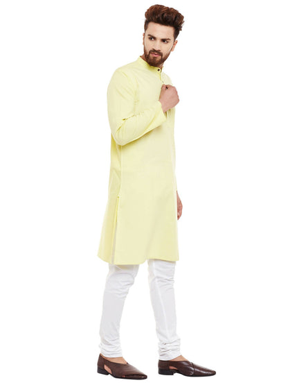 Even Apparels Yellow Pure Cotton Men's Kurta With Band Collar