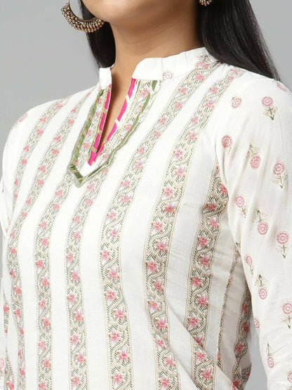 Ahalyaa Womens Off White Color Pure Cotton Printed Kurtas