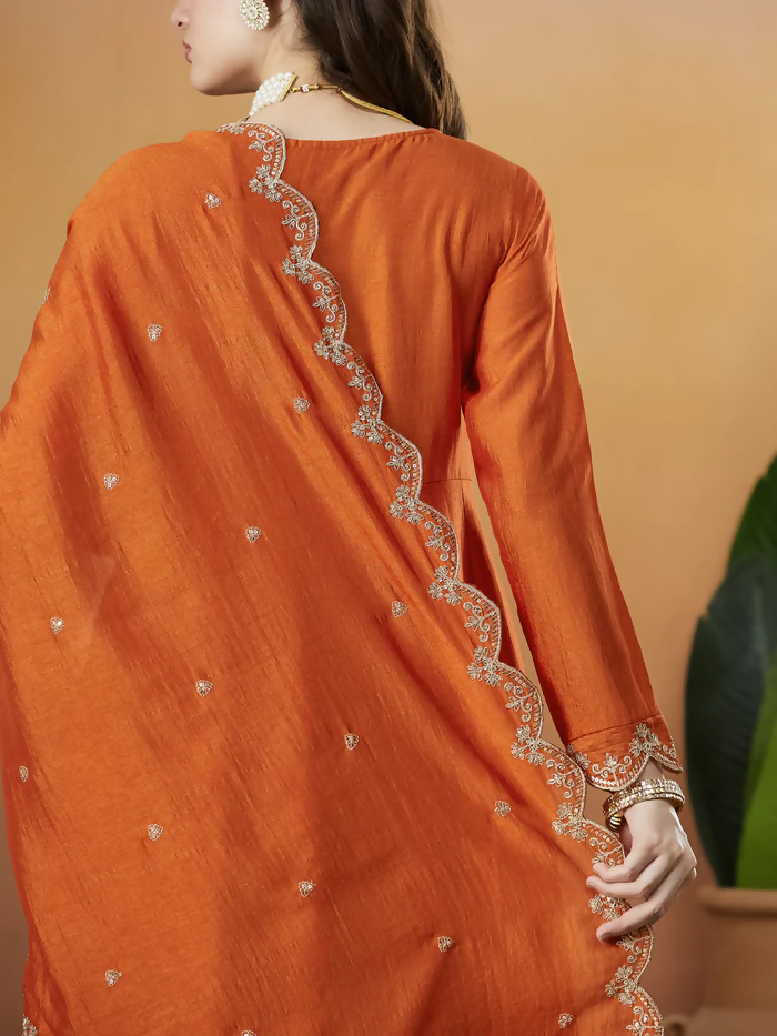 The52 Orange Women's Beautiful Vichitra Silk Fabric Embroidered Work Flared Anarkali Pant and Dupatta Set