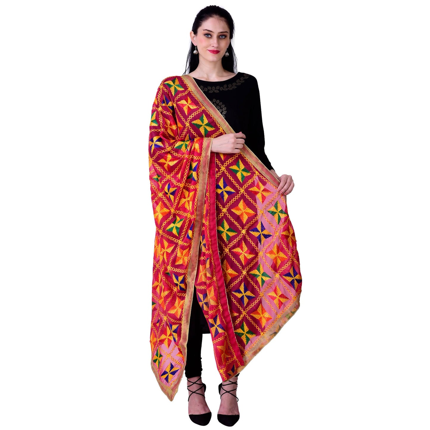 SWI Stylish Women's Embroidered Phulkari Chiffon Magenta Dupatta
