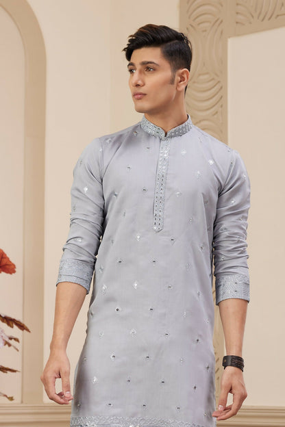 Raivat Ethnic Men's Art Silk Thread Work Kurta Pyjama In Light Grey Colour