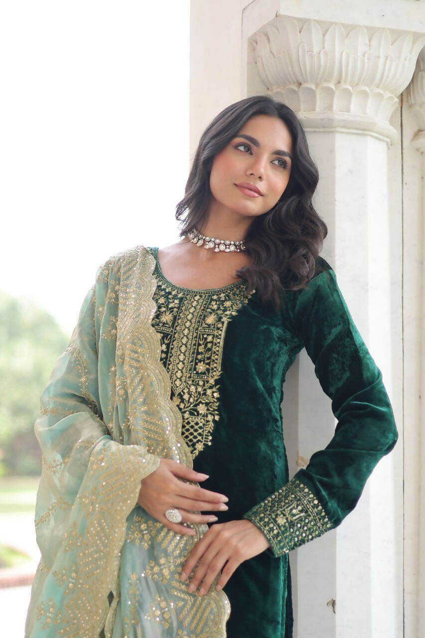 Vastranavya Green Velvet With Rich Sequins & Zari Embroidered Work Top-Bottom With Dupatta