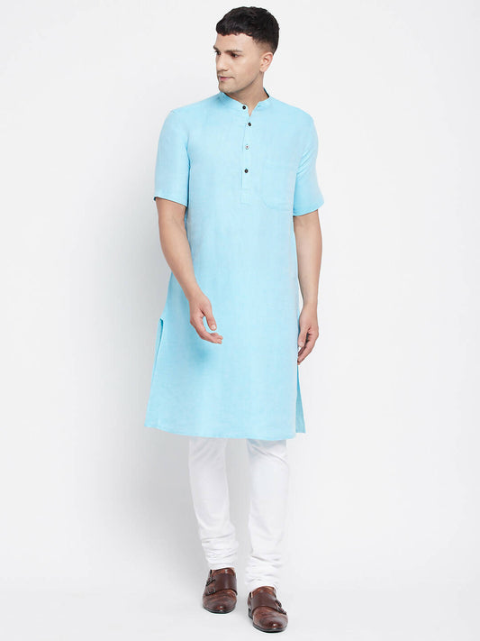 Even Apparels Blue Color Pure Cotton Men's H/S Kurta With Band Collar