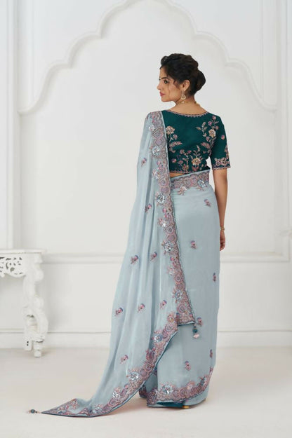 Kesar Fab Graceful Grey In Rich Silk Fendi With Zari And Sparkling Sequins Saree