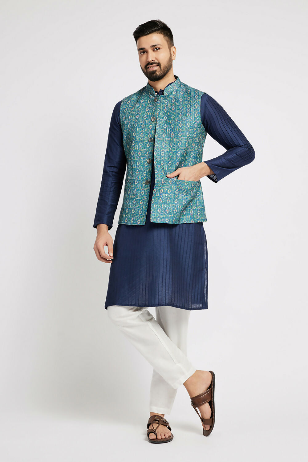 Ethnic India Indigo Blue Bundi Men's Jacket Geometric Polyester