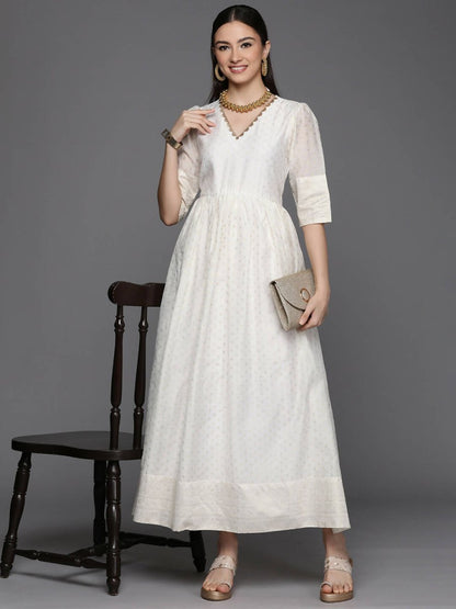 Ahalyaa Women's Off white Chanderi Gold Pasted Dress