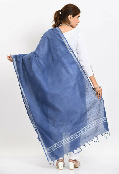 Mominos Fashion Moeza Women's Linen Cotton Silver Border Blue Dupatta