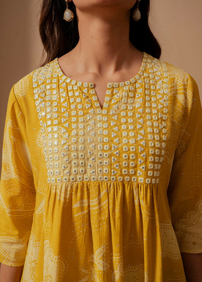 Juniper Mustard Ethnic Motifs Viscose Tunic With Thread Work And Mirror Detailing