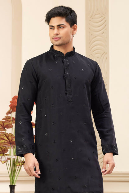 Raivat Ethnic Men's Art Silk Thread Work Kurta Pyjama In Black Colour