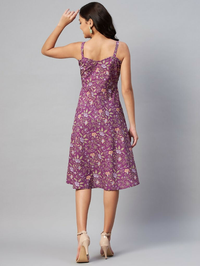 Miravan Women's Purple Floral Printed Midi Length Dress