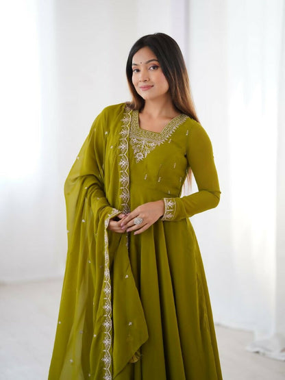 Teeya Creation Mahendi Green Color Pure Soft Georgette Embroidery Work Gown