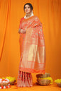 Jyoti Fashion Women's Orange Kanjivaram Silk Zari Woven Saree with Blouse