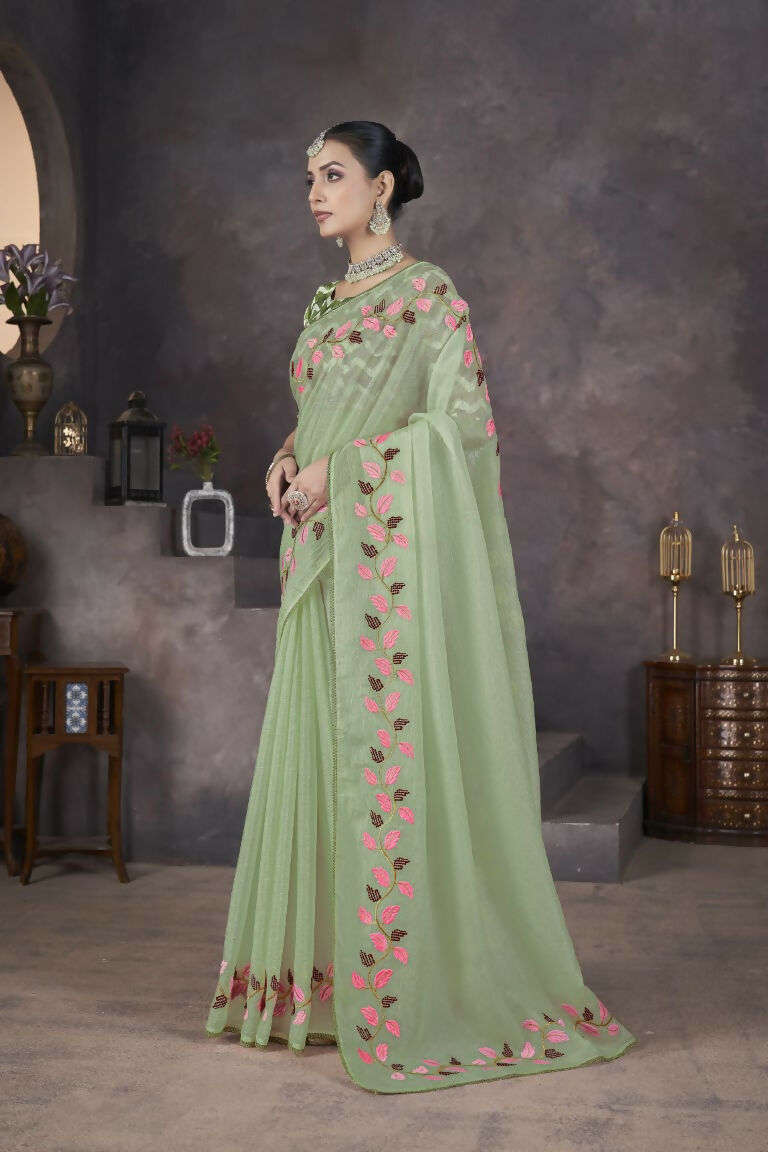 Vastranavya Green Soft Crush Georgette Thread Embroidery work of Leaf Pattern with Patched Lace Border Saree