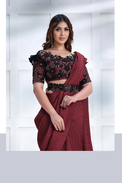 Maroon Crepe Silk Georgette Texture with Cord, Sequence Embroidered & Stone work Saree - Mohmanthan Majestica