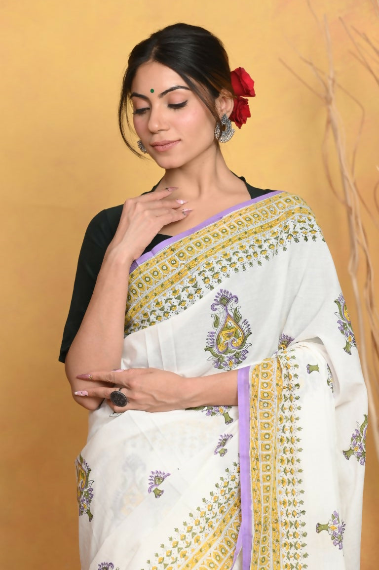 Very Much Indian Handblock Printed Cotton Saree With Natural Dyes - White