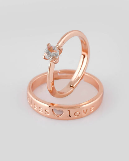 VOJ Stainless Steel Cubic Zirconia Gold-Polished Adjustable Couple Ring Set