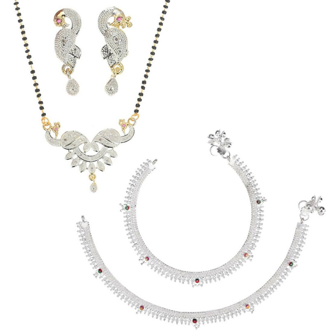 AanyaCentric Gold-Polished Mangalsutra Pendant Earring Set & Silver Plated Anklet