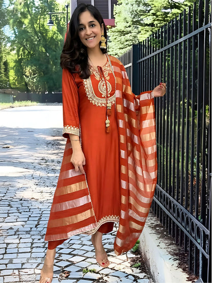 The52 Orange Women's Gorgeous Embroidered work Chanderi Fabric Straight Kurta, Pant and Dupatta Set