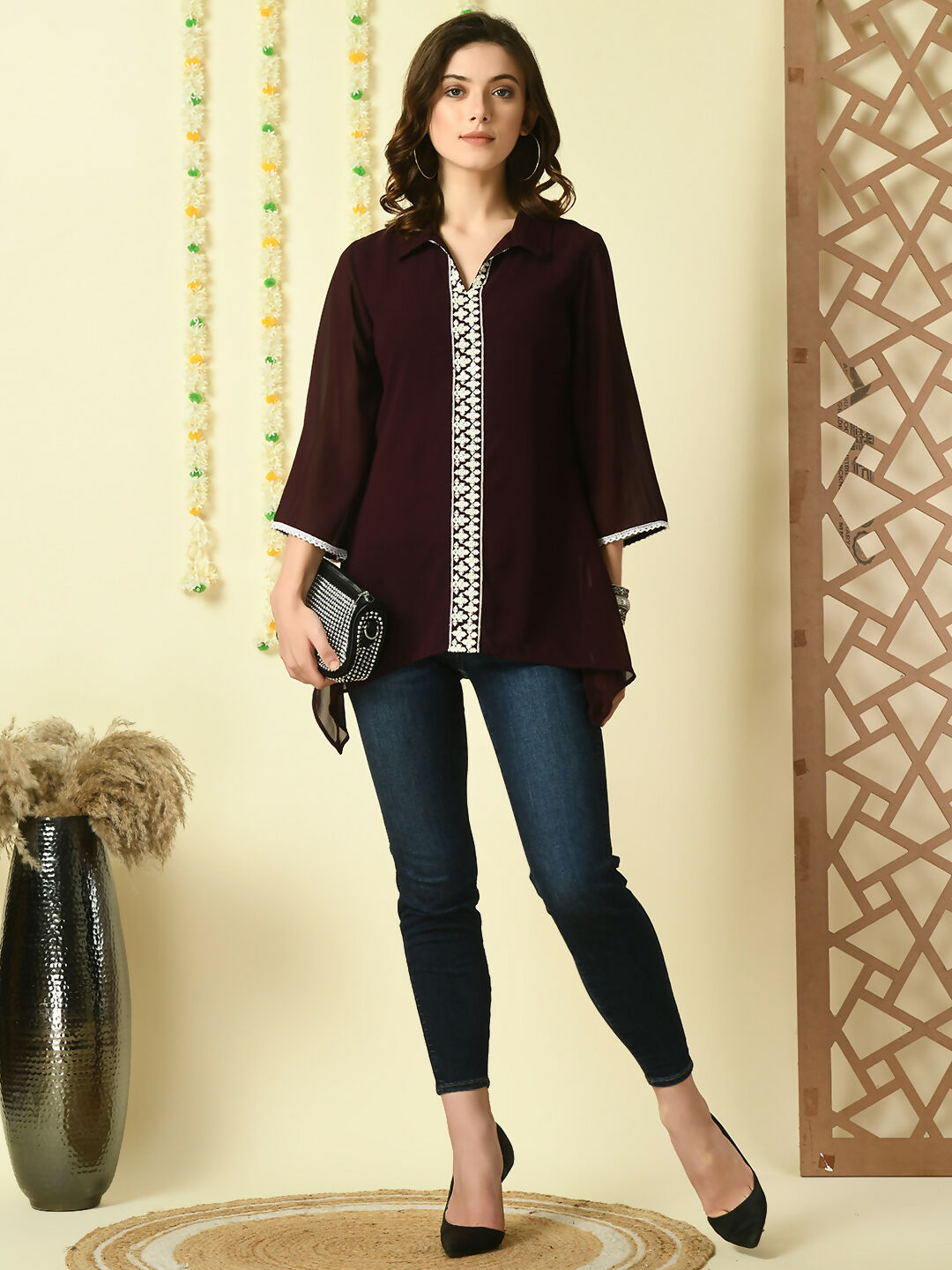 Myshka Women's Coffee Brown Embroidered Party Fusion Top