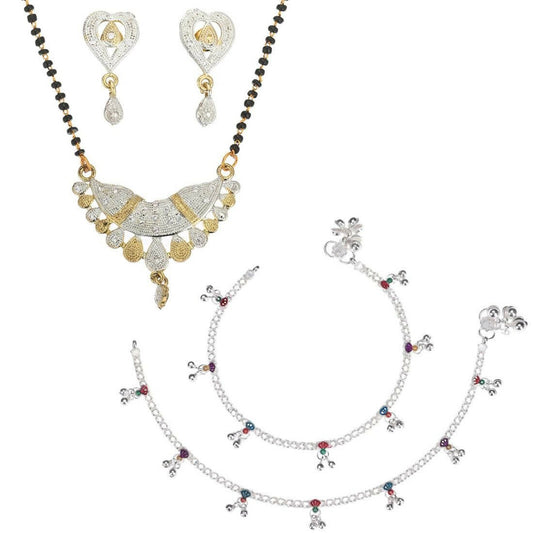 AanyaCentric Gold-Polished Mangalsutra Pendant Earring Set & Silver Plated Anklet