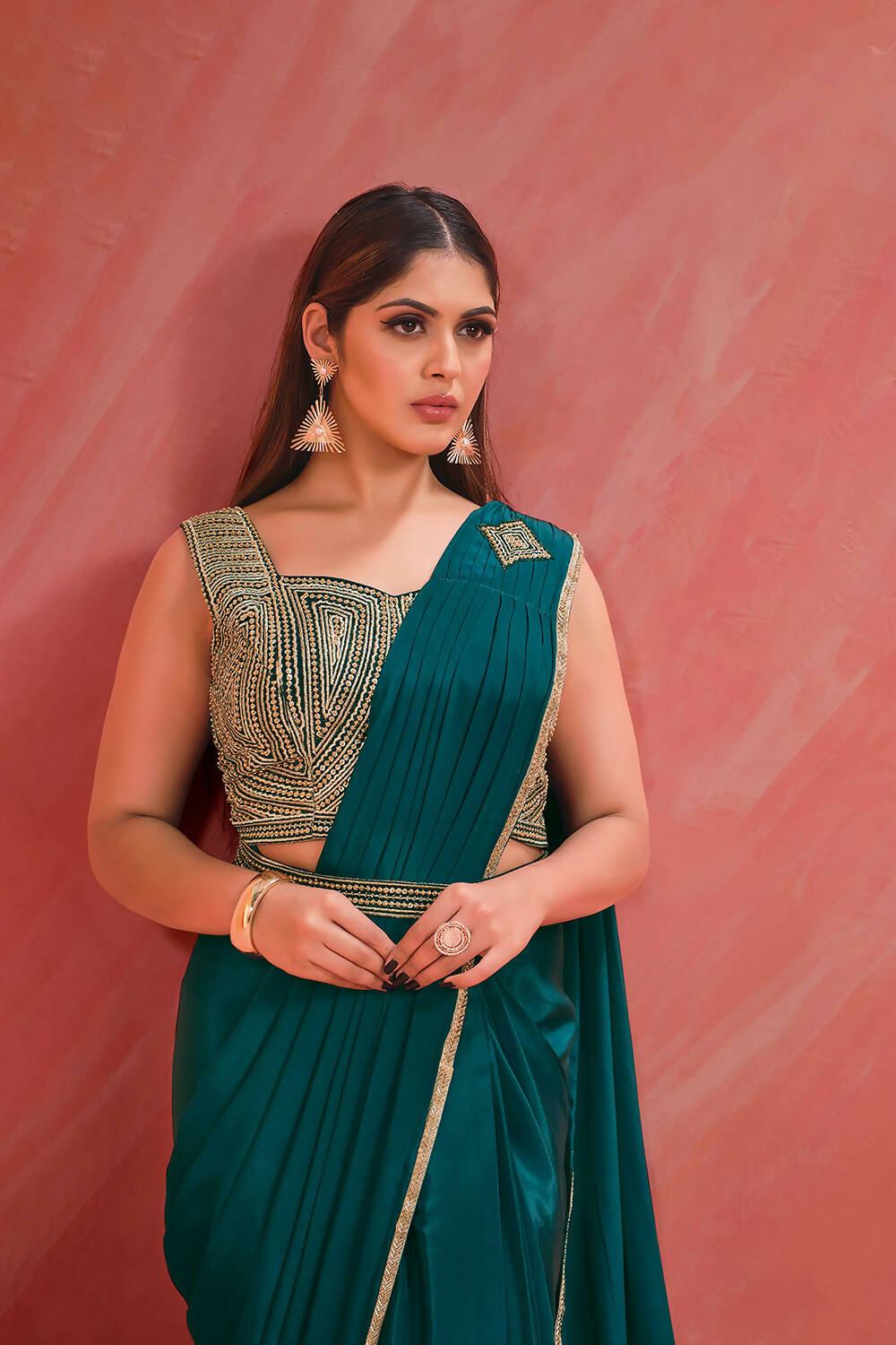 Light Teal Crepe Silk Georgette Jari, Sequence & Moti Work Saree With Stitched Blouse - Mohmanthan Elegancia