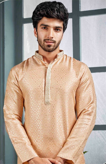 Joban Fashion Men's Light Peach Poly Jacquard Kurta Pajama