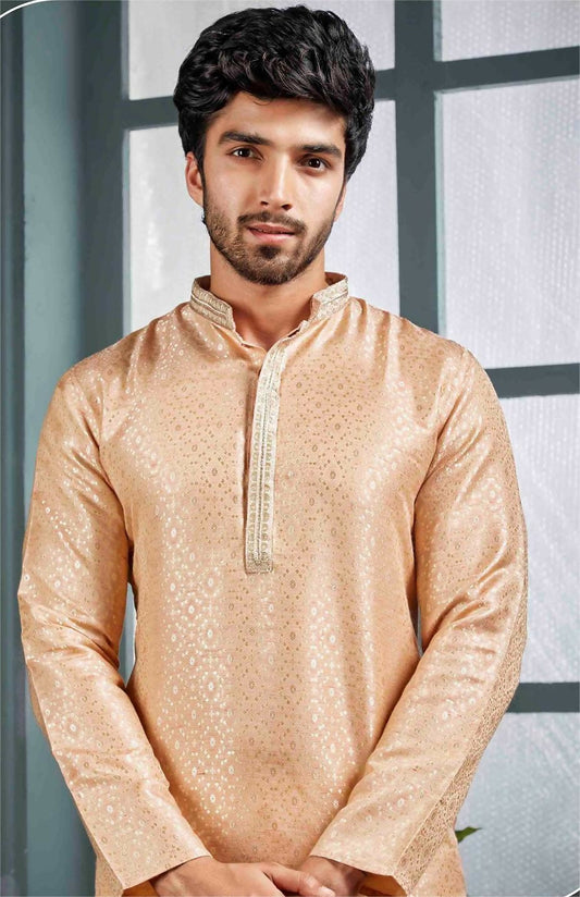 Joban Fashion Men's Light Peach Poly Jacquard Kurta Pajama
