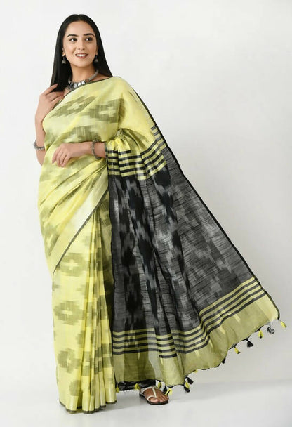 Mominos Fashion Moeza Lemon Yellow & Black Bhagalpuri Handloom Ikat Pure Cotton Saree with unstitched Blouse piece