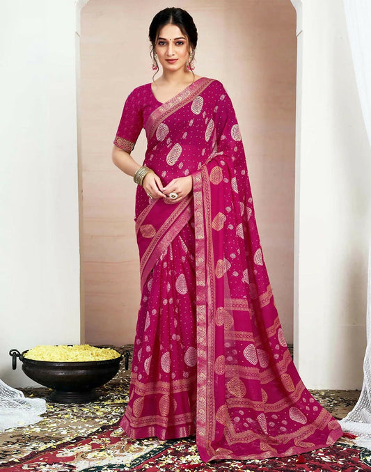 Joban Fashion Chiffon Printed Rani Pink Color Saree