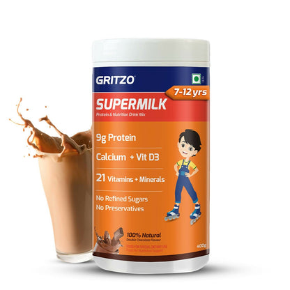Gritzo SuperMilk Overall Growth (7-12y Boys), 9g Protein (Double Chocolate, Zero Refined Sugar, 20 Vitamins & Minerals