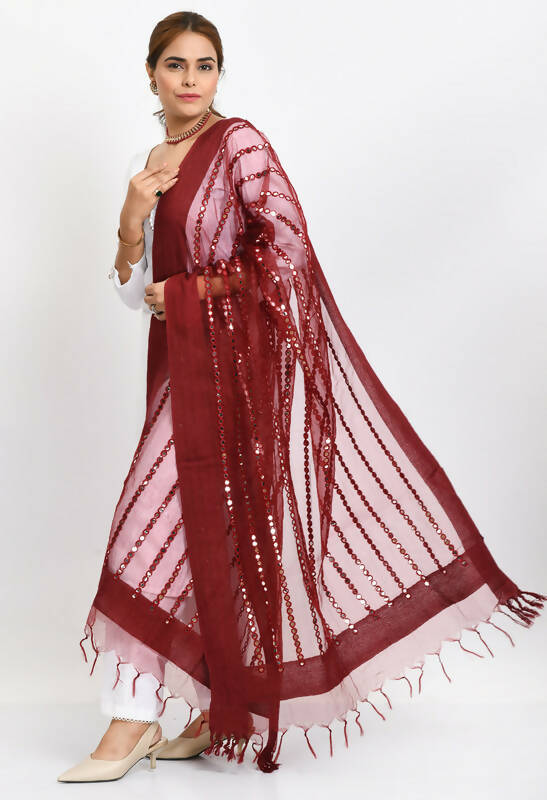 Mominos Fashion Moeza Women's Orgenza Mirror Stripe Thread Work Maroon Dupatta