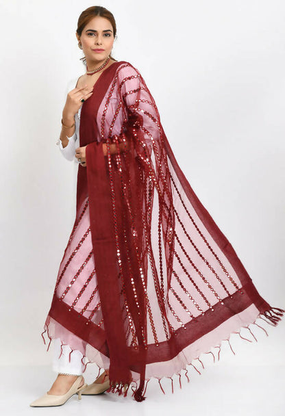 Mominos Fashion Moeza Women's Orgenza Mirror Stripe Thread Work Maroon Dupatta