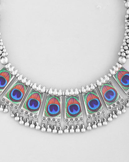 VOJ Silver Plated Oxidized Peacock Print Hasli with Earring Set