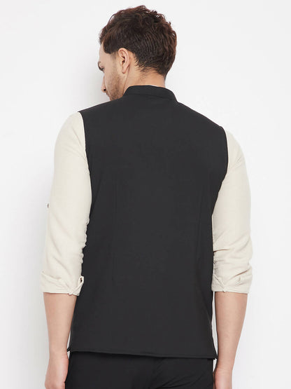 Even Apparels Black Merino Men Woven Nehru Jacket PW668