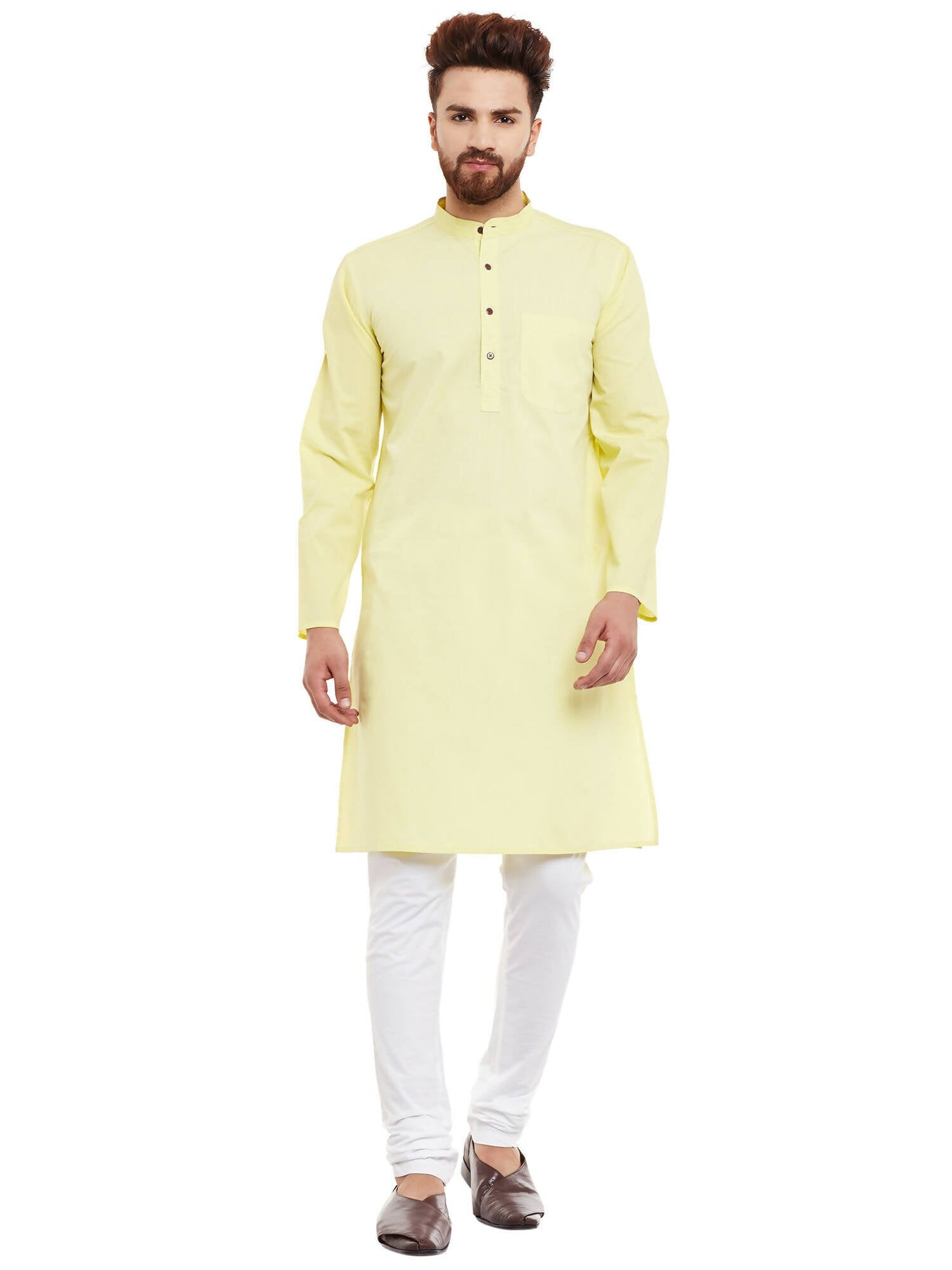 Even Apparels Yellow Pure Cotton Men's Kurta With Band Collar