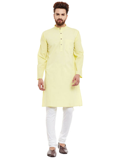 Even Apparels Yellow Pure Cotton Men's Kurta With Band Collar