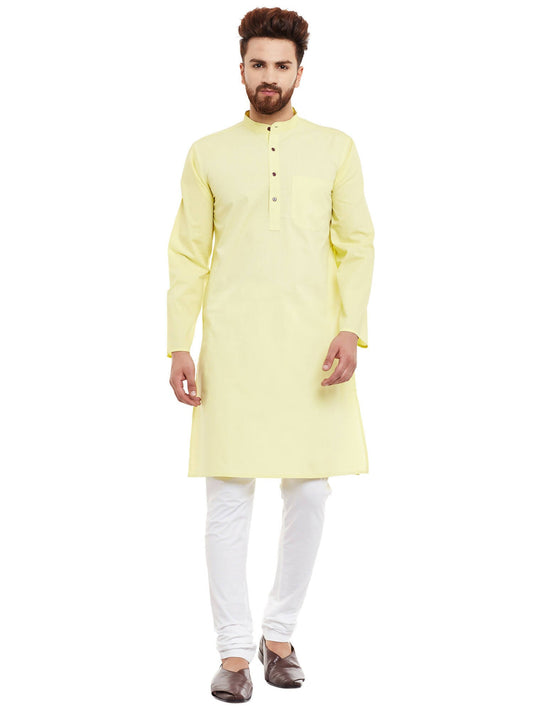 Even Apparels Yellow Pure Cotton Men's Kurta With Band Collar