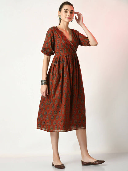 Myshka Women's Rust Empire Printed Dress