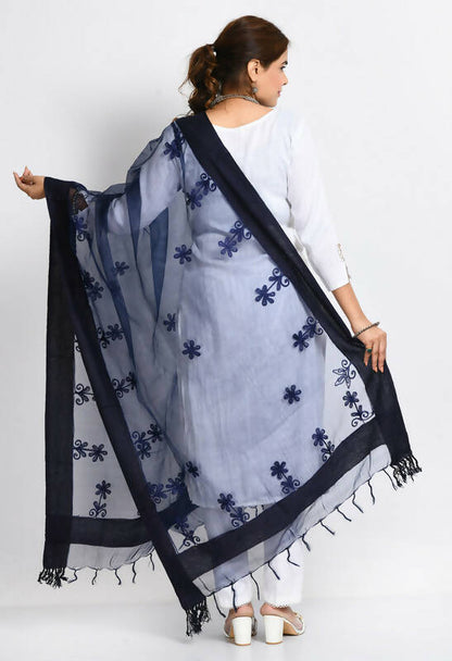 Mominos Fashion Moeza Women's Orgenza All Over Chikan Work Navy Blue Dupatta