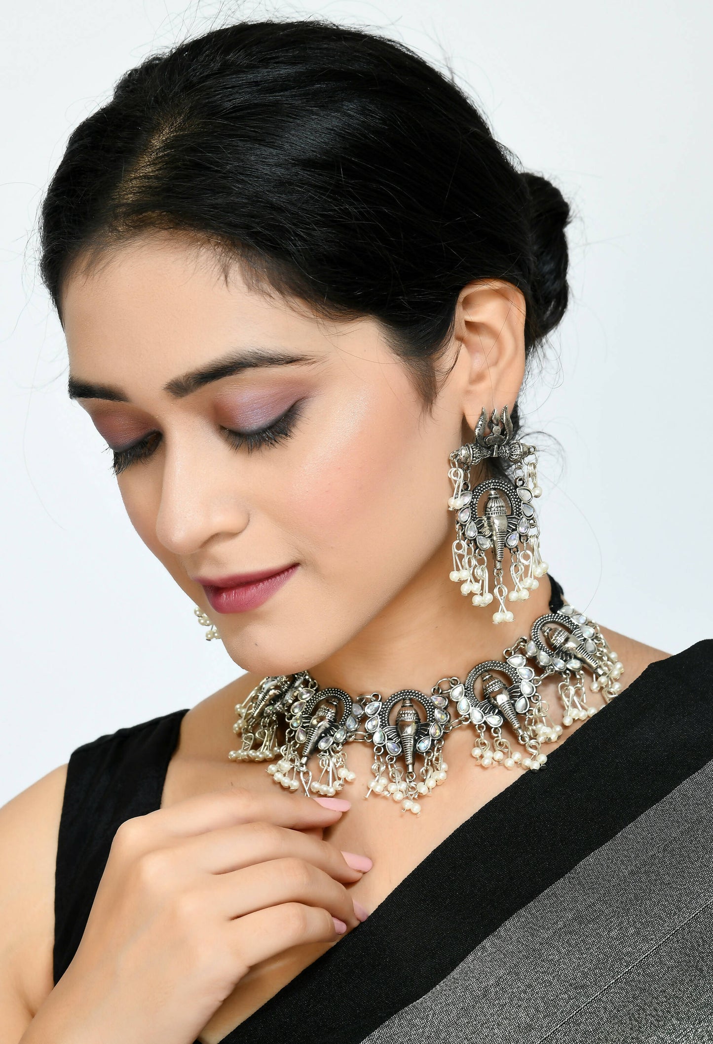 Mominos Fashion Johar Kamal Oxidised Silver-Plated Ganesha Design Necklace Choker Set for Women