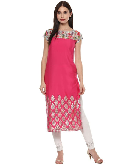Ahalyaa Women's Pink Chanderi Printed Kurta