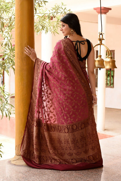 Joban Fashion Dark Pink Crepe Chiffon Pure Handloom Banarasi Silk Saree