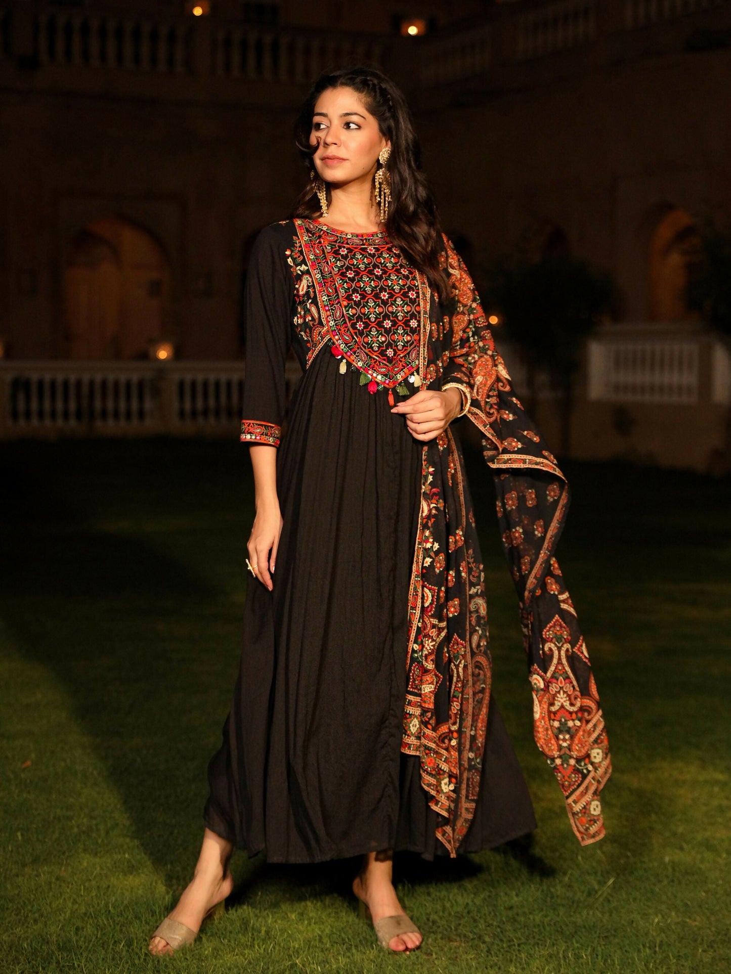 Juniper Women's Black Thread Embroidered Cotton Dress & Dupatta With Tassels & Mirror Work